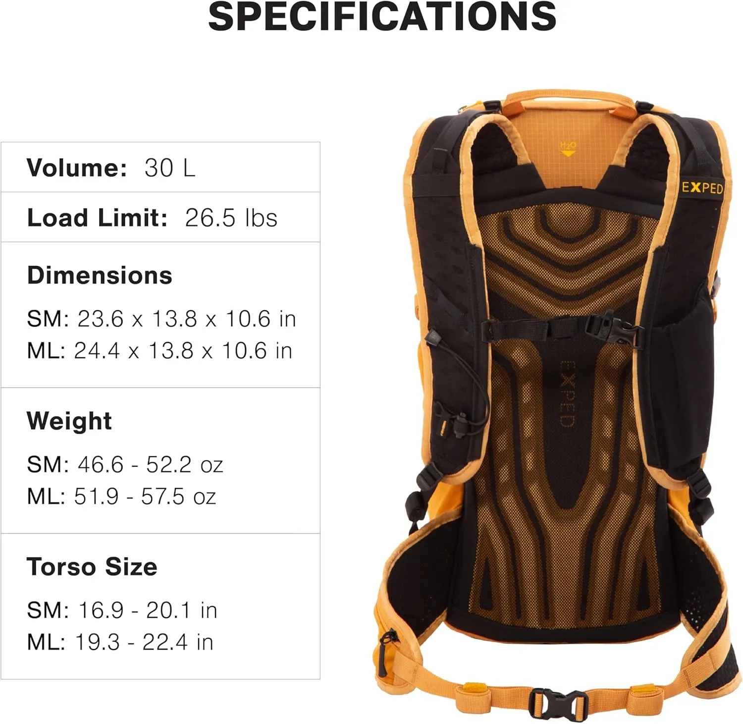 Exped Skyline 30 Liter Backpack - Lightweight Daypack Used for Demanding Hikes, and Multi-Day Hut Tours, Rain Cover, Storage and Bladder Compartment, Short/Medium, Gold