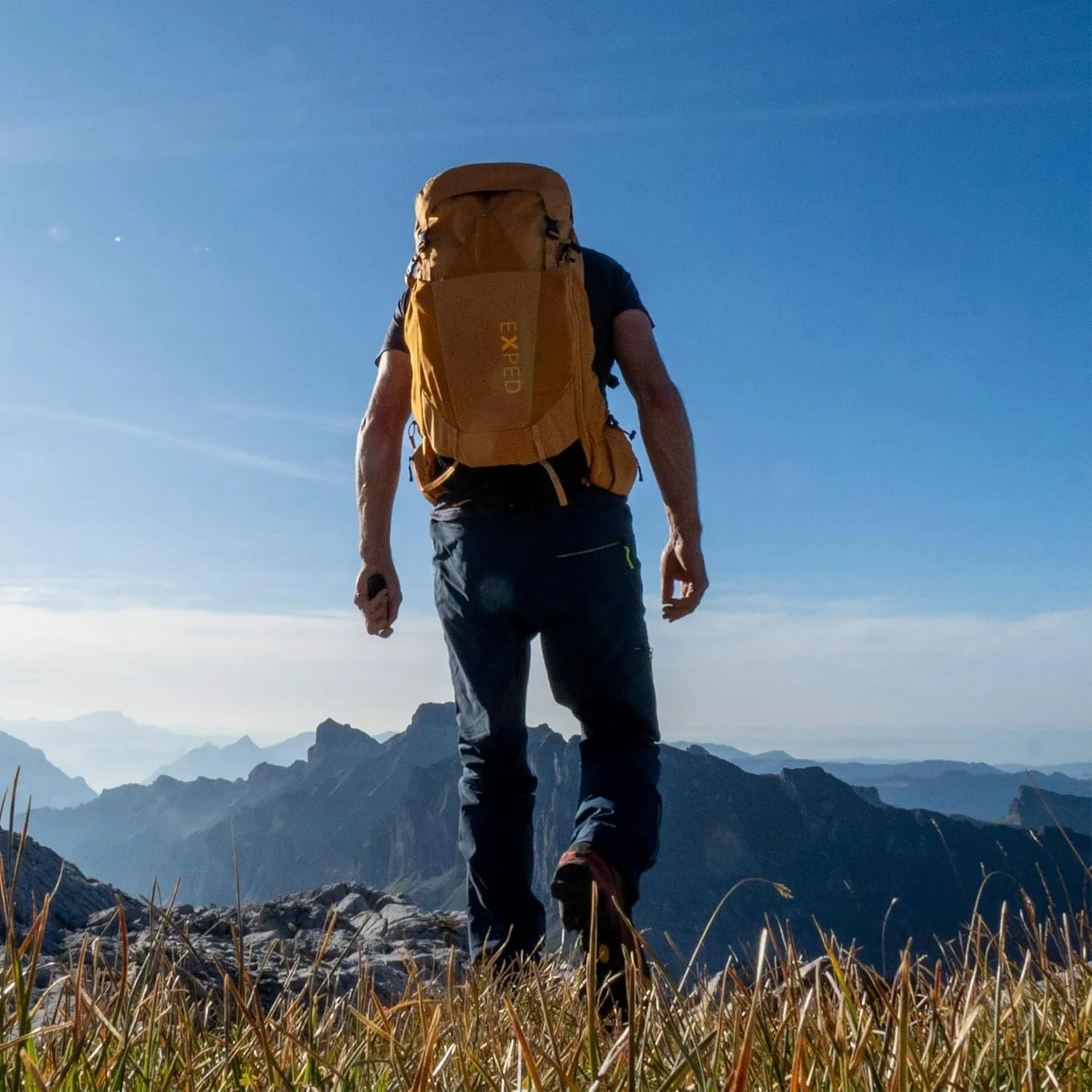 Exped Skyline 30 Liter Backpack - Lightweight Daypack Used for Demanding Hikes, and Multi-Day Hut Tours, Rain Cover, Storage and Bladder Compartment, Short/Medium, Gold