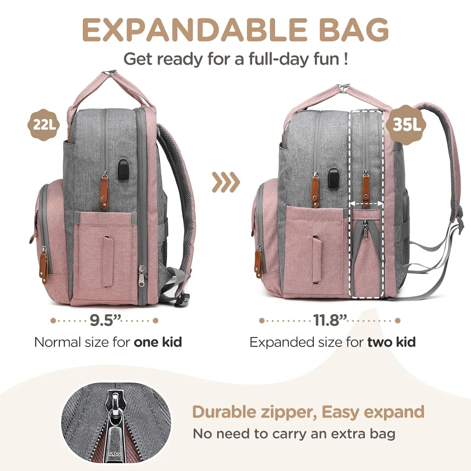 Extra Large Diaper Bag for 2 Kids - Expandable 35L Twin Baby Bags Backpack with 4 Insulated & 16" Laptop Pocket & 2 Compartments - Big Diapers Backpacks - Travel Pañaleras Para Bebe, Unisex