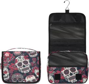 Flower Rose Sugar Skull Toiletry Bag with Hanging Hook Travel Organizer Makeup Bag for Women Waterproof Accessories Toiletries Travel Essentials Personalized Birthday Valentines Day Gifts