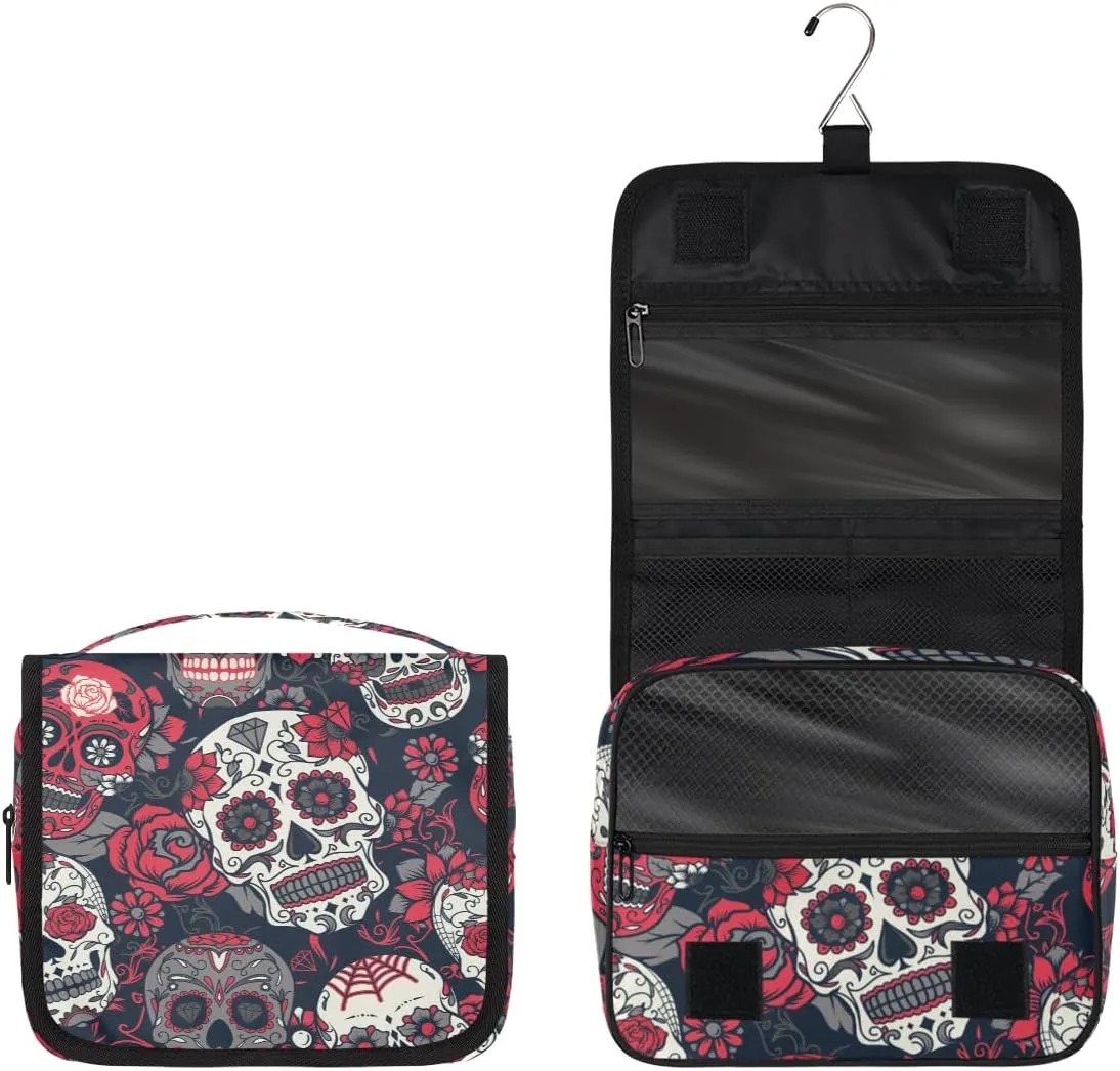 Flower Rose Sugar Skull Toiletry Bag with Hanging Hook Travel Organizer Makeup Bag for Women Waterproof Accessories Toiletries Travel Essentials Personalized Birthday Valentines Day Gifts