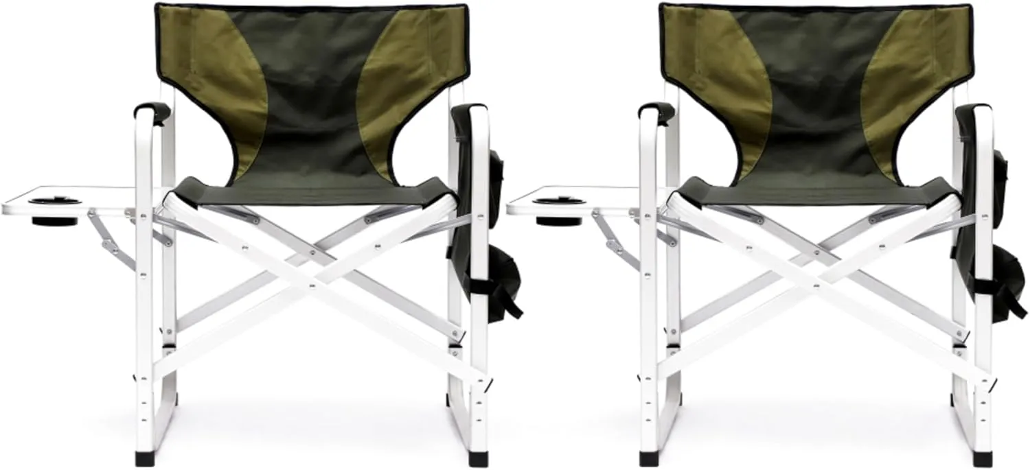 Folding Outdoor Indoor Table and Chairs Set Aluminum Frame Oxford Cloth Chair Oversized Design Soft Padding Side Table Storage Pocket (Black Green(Chair A),Set of 3)