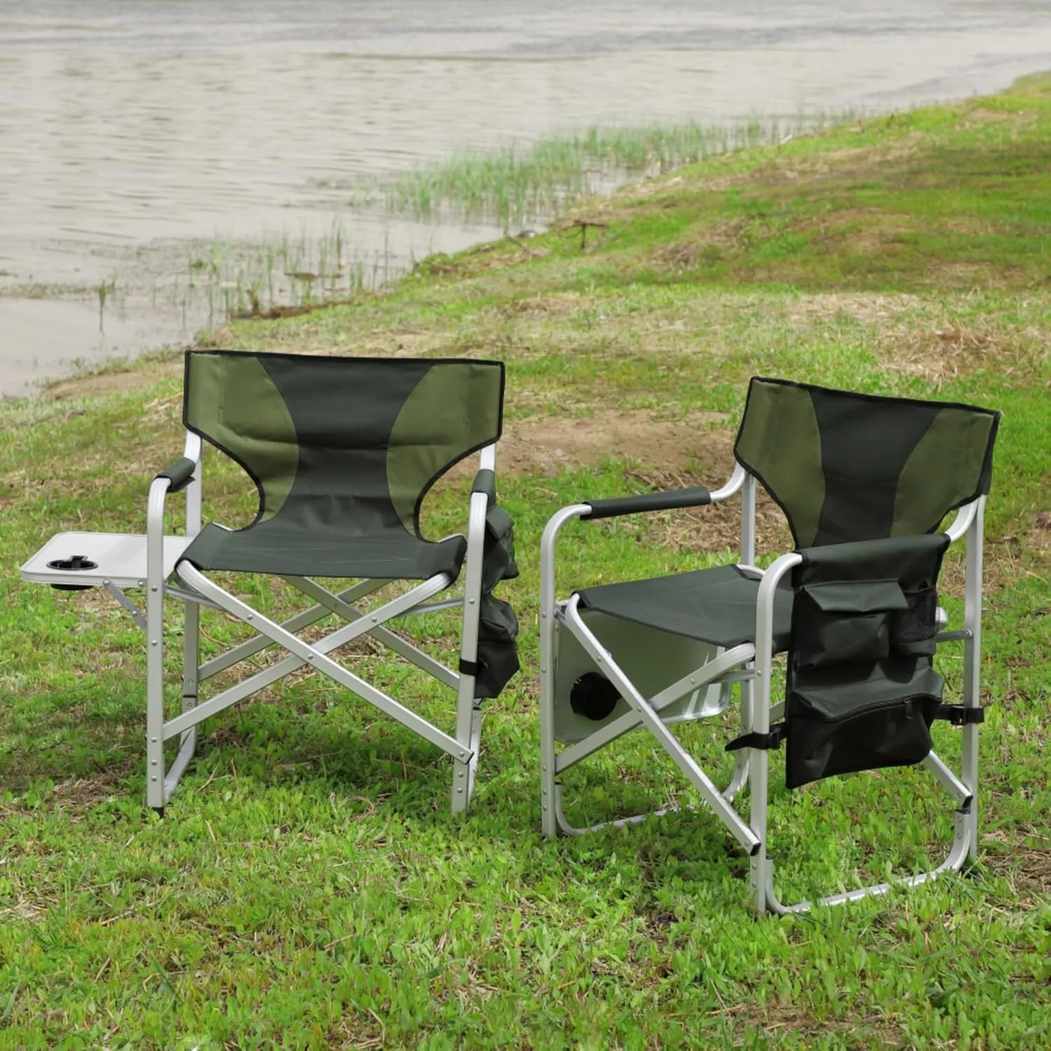 Folding Outdoor Indoor Table and Chairs Set Aluminum Frame Oxford Cloth Chair Oversized Design Soft Padding Side Table Storage Pocket (Black Green(Chair A),Set of 3)