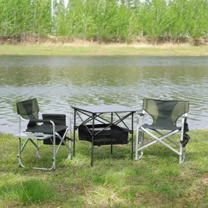 Folding Outdoor Indoor Table and Chairs Set Aluminum Frame Oxford Cloth Chair Oversized Design Soft Padding Side Table Storage Pocket (Black Green(Chair A),Set of 3)