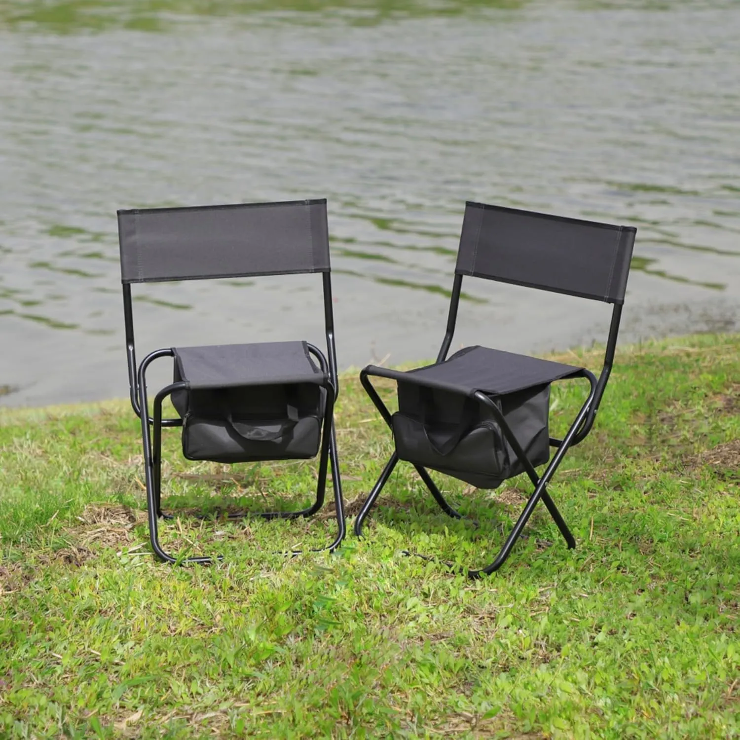 Folding Outdoor Indoor Table and Chairs Set Aluminum Frame Oxford Cloth Chair Oversized Design Soft Padding Side Table Storage Pocket (Gray(Chair B),Set of 3)