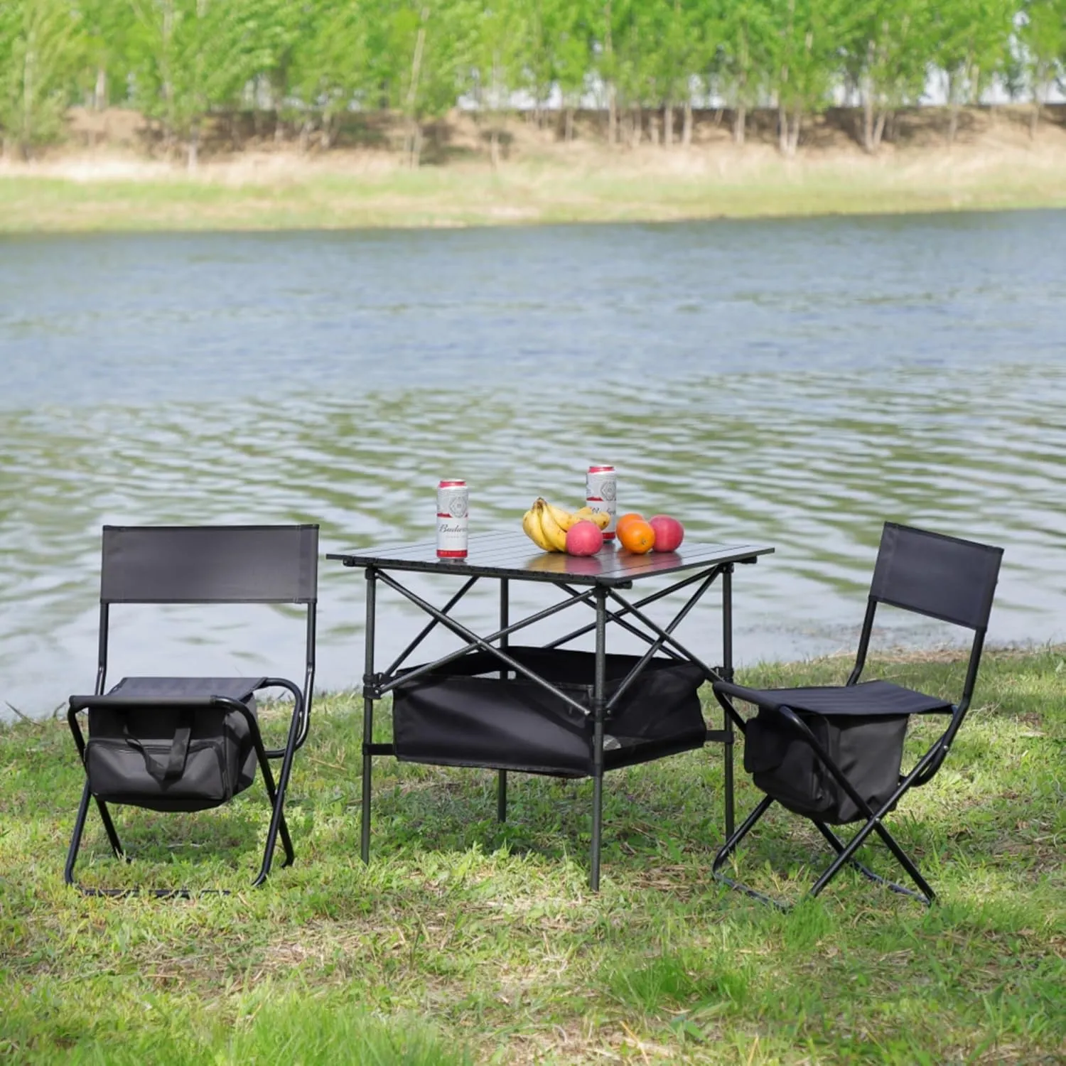 Folding Outdoor Indoor Table and Chairs Set Aluminum Frame Oxford Cloth Chair Oversized Design Soft Padding Side Table Storage Pocket (Gray(Chair B),Set of 3)