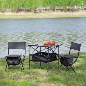 Folding Outdoor Indoor Table and Chairs Set Aluminum Frame Oxford Cloth Chair Oversized Design Soft Padding Side Table Storage Pocket (Gray(Chair B),Set of 3)