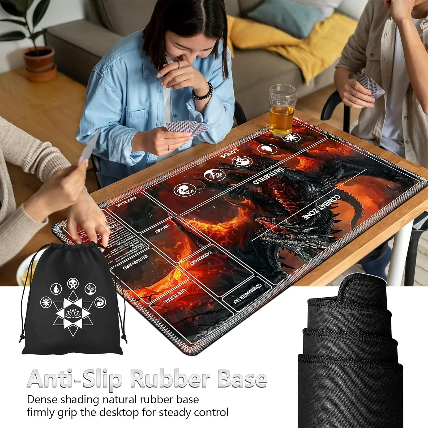 for MTG Playmat with Card Storage Bag,Non-Slip Rubber Base & Smooth Surface 24x14in,Beginner-Friendly Magic Mat for Commander Deck,Flame Black Dragon