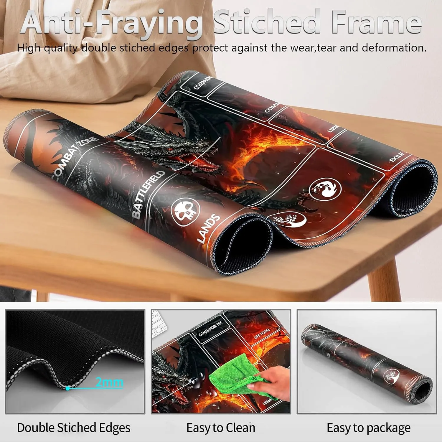 for MTG Playmat with Card Storage Bag,Non-Slip Rubber Base & Smooth Surface 24x14in,Beginner-Friendly Magic Mat for Commander Deck,Flame Black Dragon