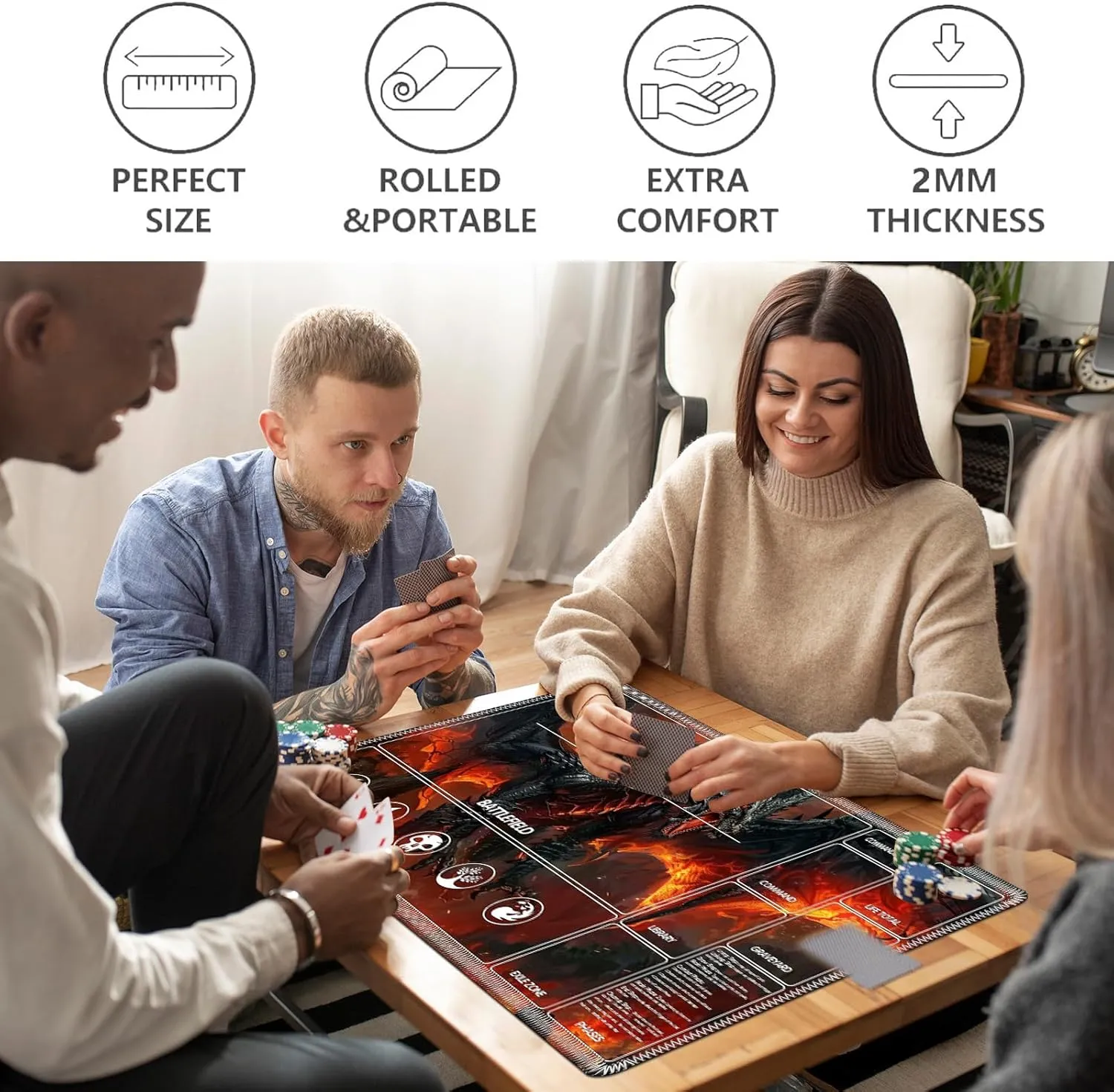 for MTG Playmat with Card Storage Bag,Non-Slip Rubber Base & Smooth Surface 24x14in,Beginner-Friendly Magic Mat for Commander Deck,Flame Black Dragon