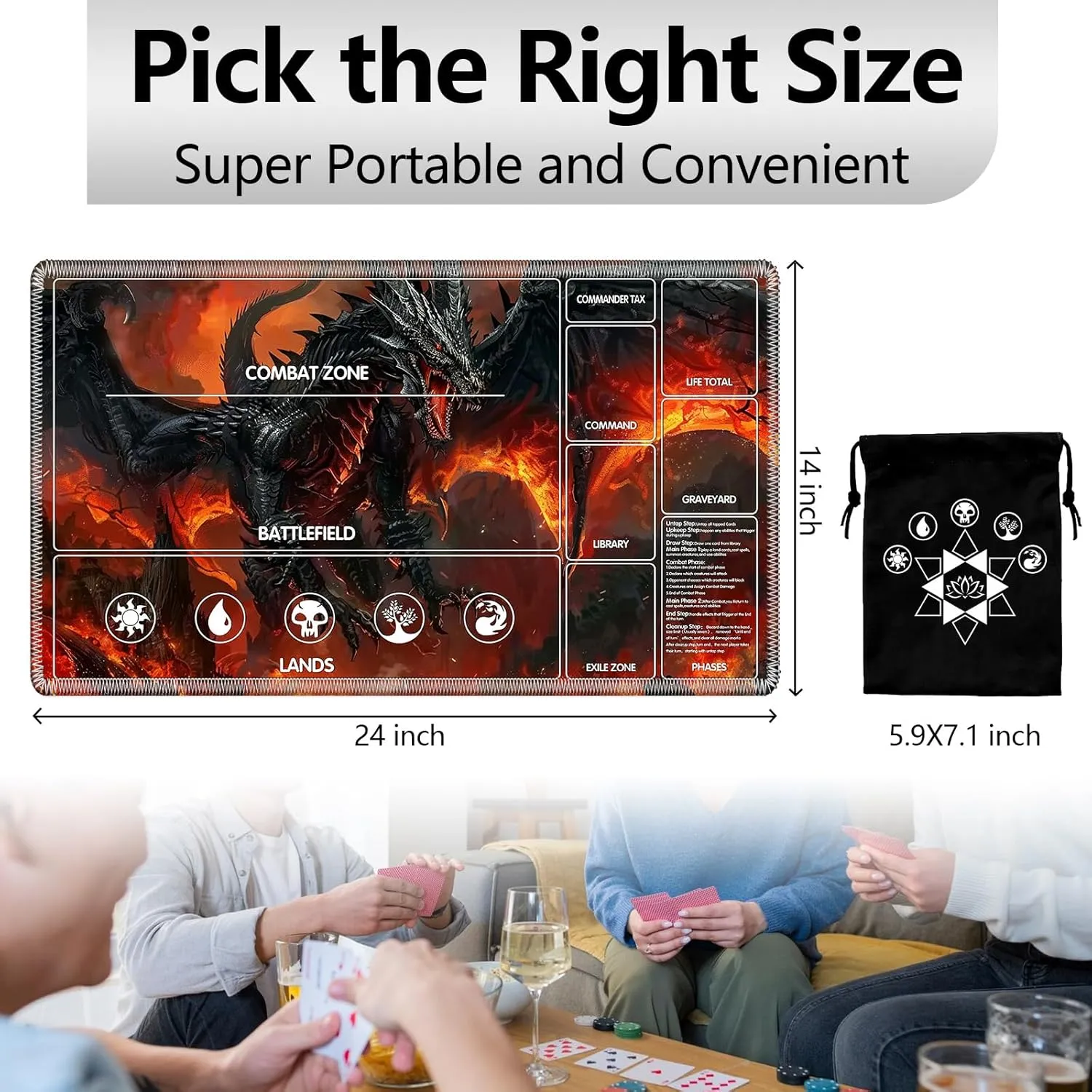 for MTG Playmat with Card Storage Bag,Non-Slip Rubber Base & Smooth Surface 24x14in,Beginner-Friendly Magic Mat for Commander Deck,Flame Black Dragon