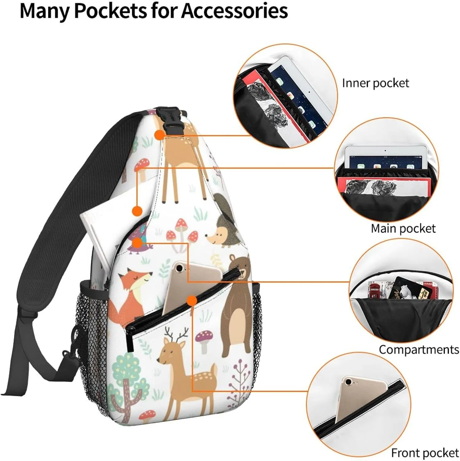 Fox Deer Bear Sling Bag for Women Crossbody Sling Backpack Men Casual Daypack Backpacks Gym Cycling Travel Hiking