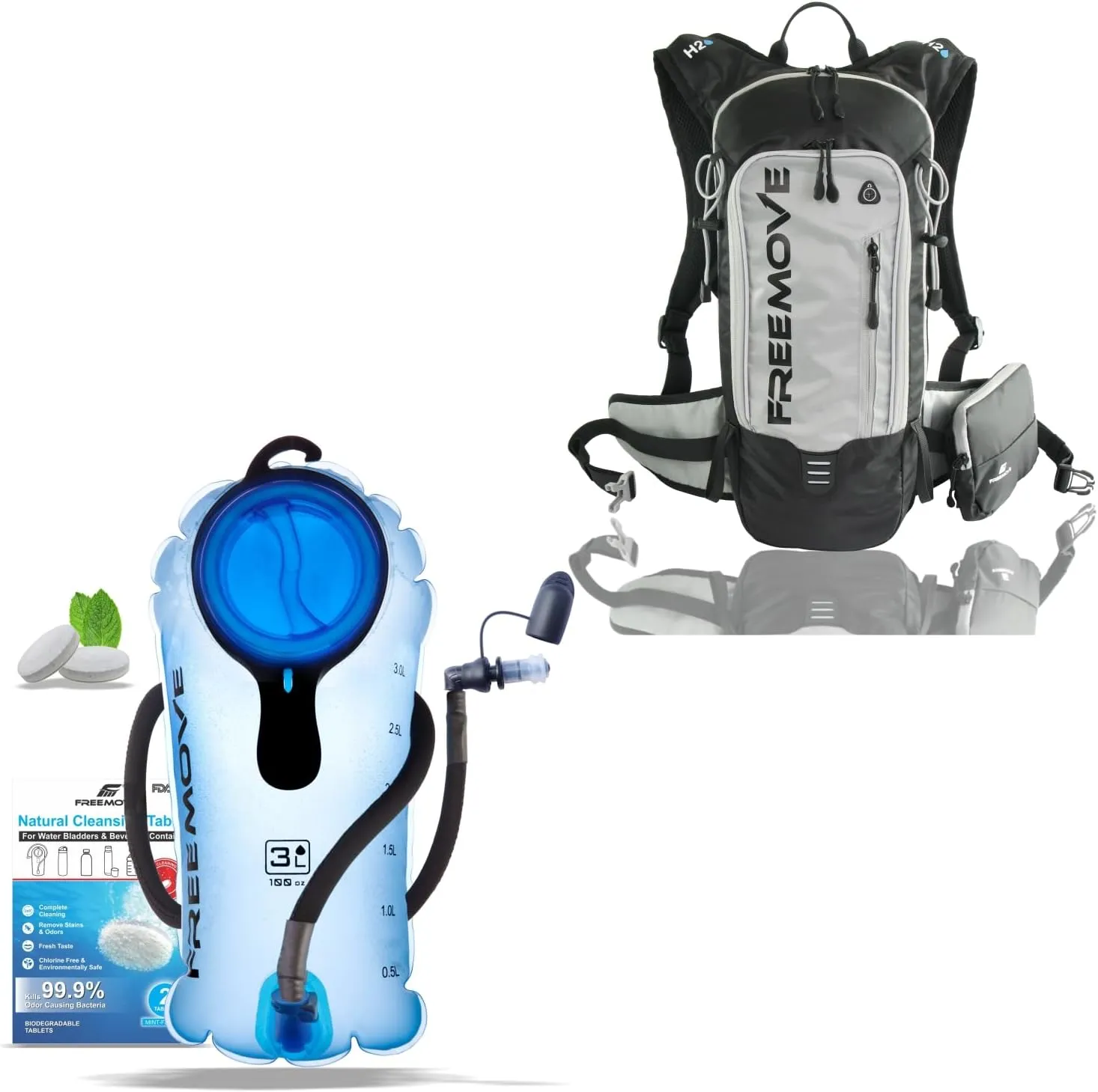FREEMOVE 3L Hydration Bladder - Blue   Daypack Backpack - Gray, 10L Capacity & Many Compartments