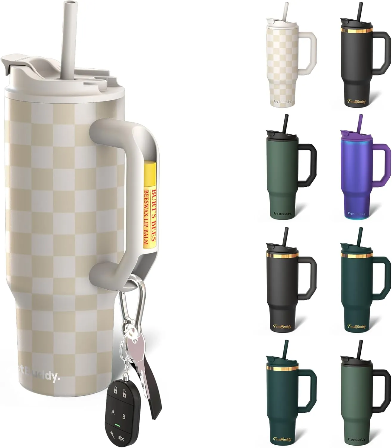 Frost Buddy Thicc Buddy - 30 oz Stainless Steel Vacuum Insulated Tumbler with Lid and Straw for Water - Travel Mug Cupholder Friendly - Gifts for Women Men Him Her (Beige Checkered)