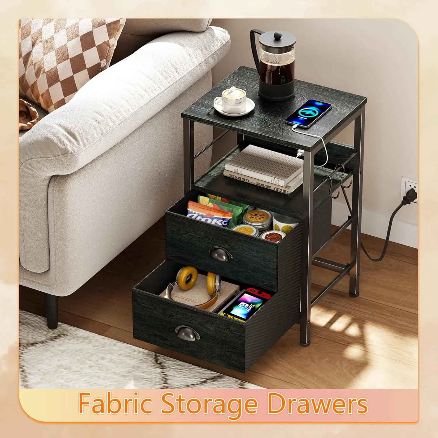 Furologee Nightstand with Charging Station, Black Night Stand with 2 Fabric Drawers, Side Table with USB Ports, End Table with Storage Shelf, for Living Room/Bedroom, Black Oak