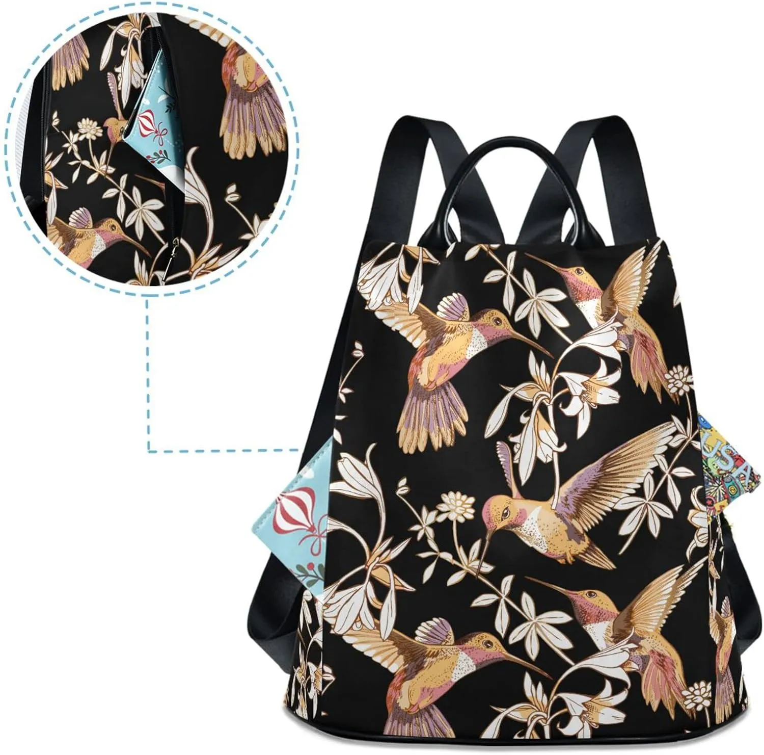 Fustylead Floral Gold Hummingbirds Flowers Backpack Purse for Women Anti Theft Fashion Back Pack Shoulder Bag