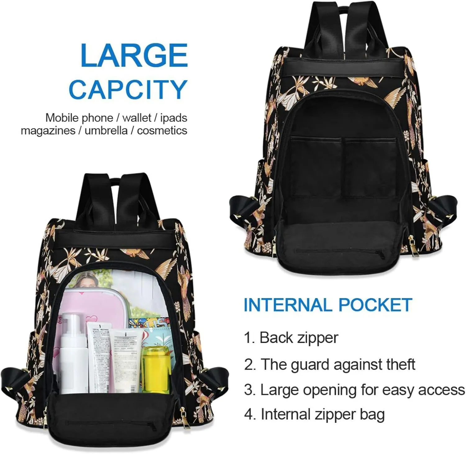 Fustylead Floral Gold Hummingbirds Flowers Backpack Purse for Women Anti Theft Fashion Back Pack Shoulder Bag