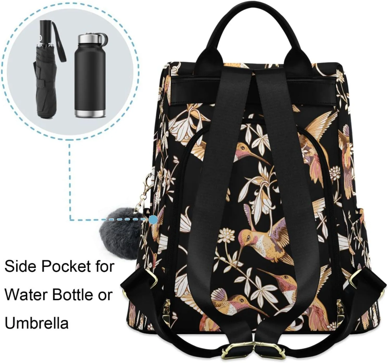 Fustylead Floral Gold Hummingbirds Flowers Backpack Purse for Women Anti Theft Fashion Back Pack Shoulder Bag