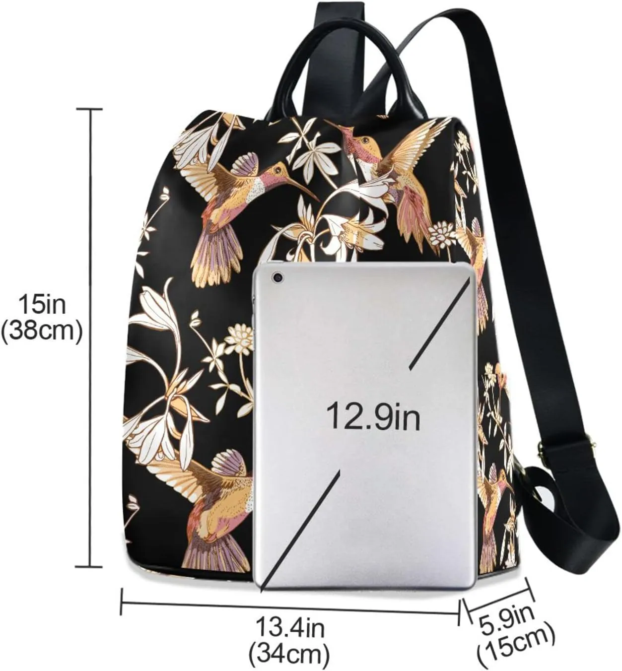 Fustylead Floral Gold Hummingbirds Flowers Backpack Purse for Women Anti Theft Fashion Back Pack Shoulder Bag
