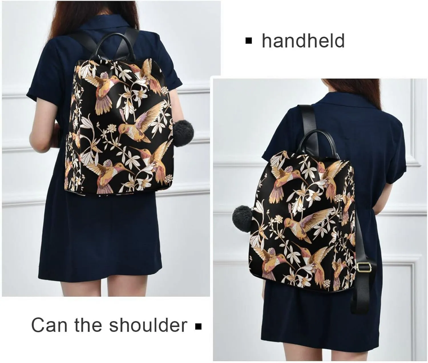 Fustylead Floral Gold Hummingbirds Flowers Backpack Purse for Women Anti Theft Fashion Back Pack Shoulder Bag