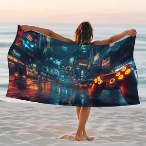 Futuristic Cityscape Microfiber Beach Towel Neon Blue Urban Design Quick Dry Lightweight Sand Free Oversize Beach Blanket, Travel Picnic Essentials 62x31 Inch