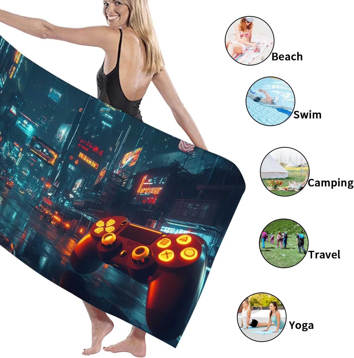 Futuristic Cityscape Microfiber Beach Towel Neon Blue Urban Design Quick Dry Lightweight Sand Free Oversize Beach Blanket, Travel Picnic Essentials 62x31 Inch