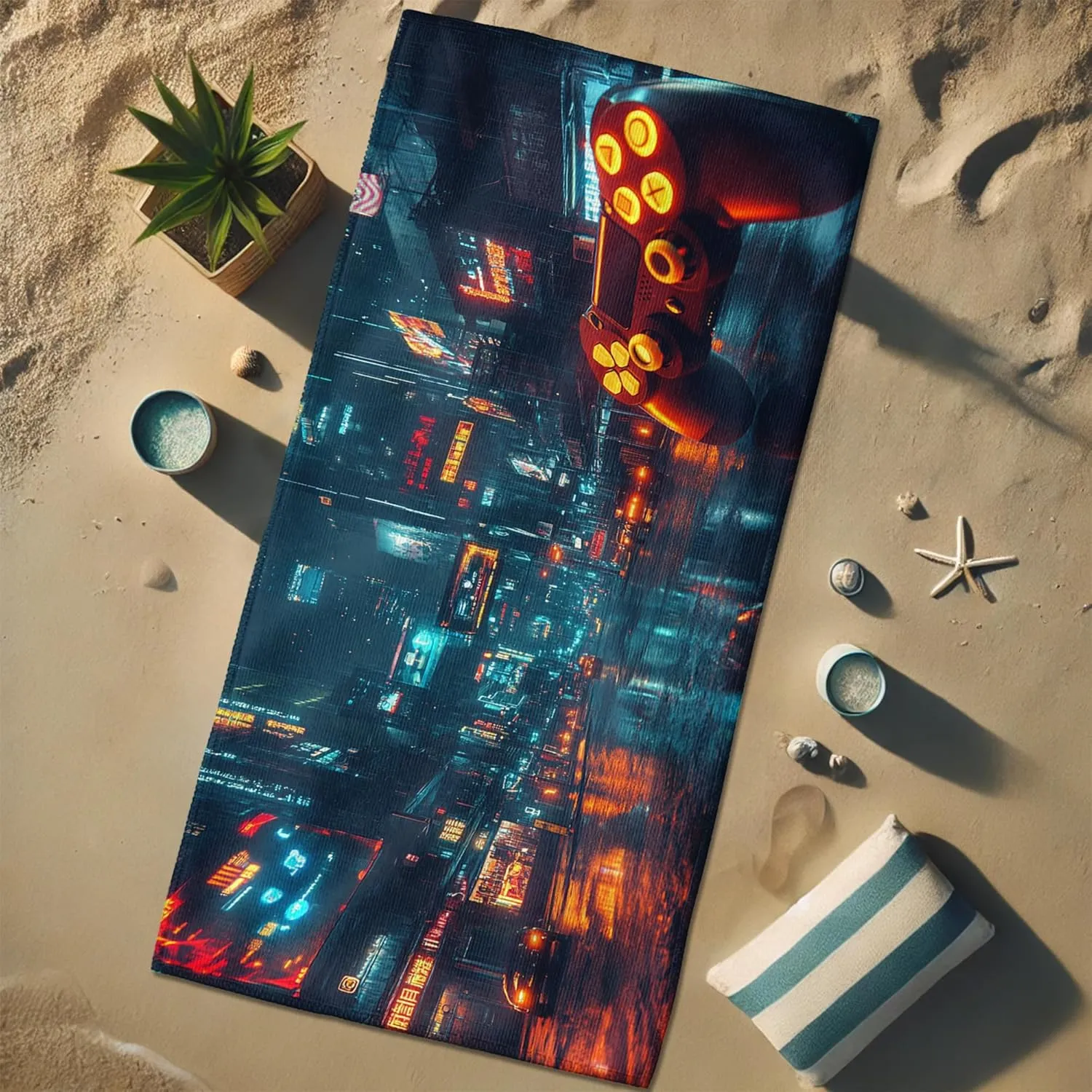 Futuristic Cityscape Microfiber Beach Towel Neon Blue Urban Design Quick Dry Lightweight Sand Free Oversize Beach Blanket, Travel Picnic Essentials 62x31 Inch
