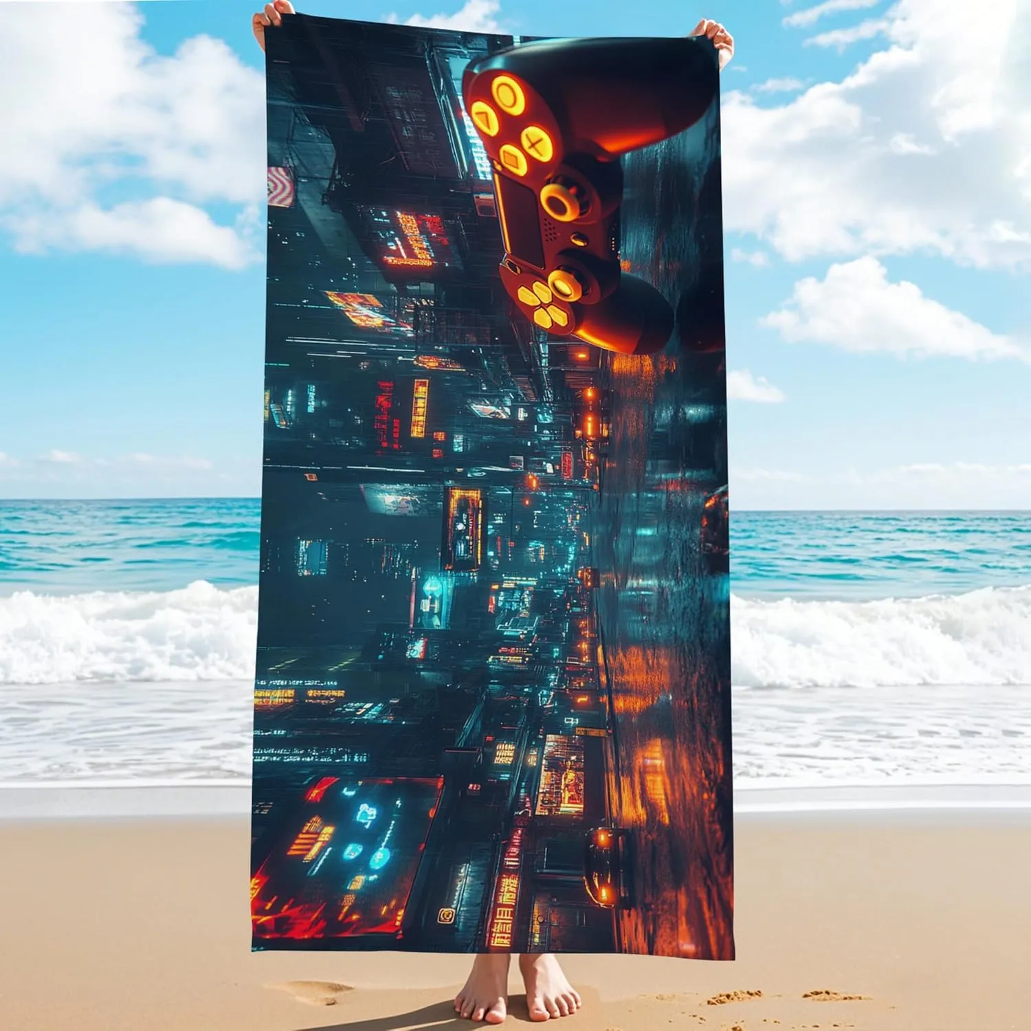 Futuristic Cityscape Microfiber Beach Towel Neon Blue Urban Design Quick Dry Lightweight Sand Free Oversize Beach Blanket, Travel Picnic Essentials 62x31 Inch