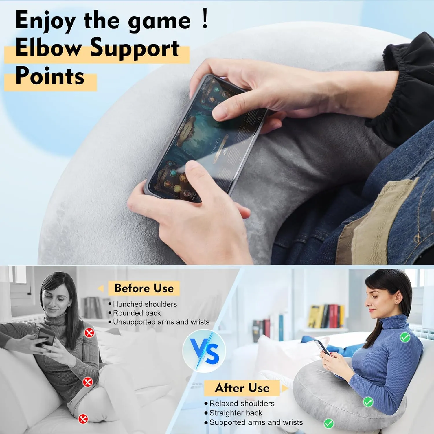 Gaming Pillow Arm Support Pillow for Bed & Sofa: Ergonomic U-Shaped Lap Pillow with Elbow Rest for Adults & Kids - Reduces Arm Pain & Fatigue During Gaming, Reading, Working & Crocheting