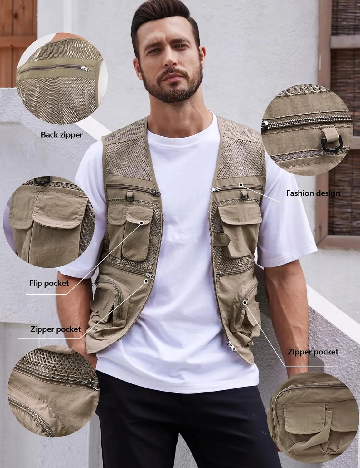 Gihuo Men's Fishing Vest Utility Safari Travel Vest with Pockets Outdoor Work Photo Cargo Fly Summer Vest