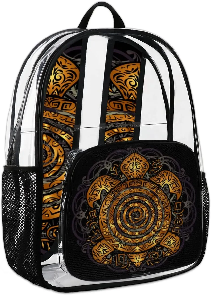 Golden Boho Sea Turtle Tattoo Clear Backpack Stadium Approved Heavy Duty PVC Transparent Backpacks Large Laptop Backpack for Work Travel Sports Events Concerts