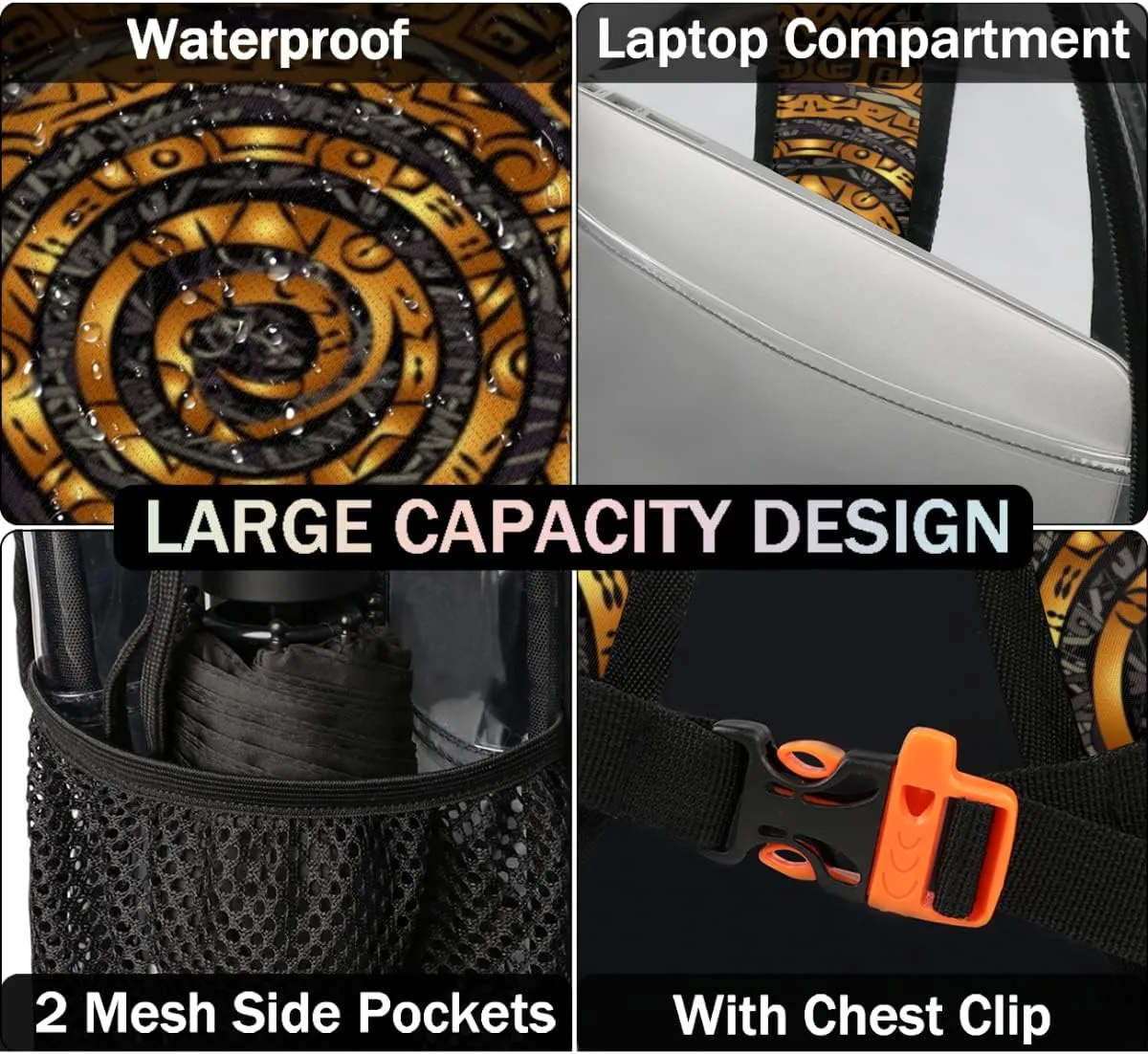 Golden Boho Sea Turtle Tattoo Clear Backpack Stadium Approved Heavy Duty PVC Transparent Backpacks Large Laptop Backpack for Work Travel Sports Events Concerts