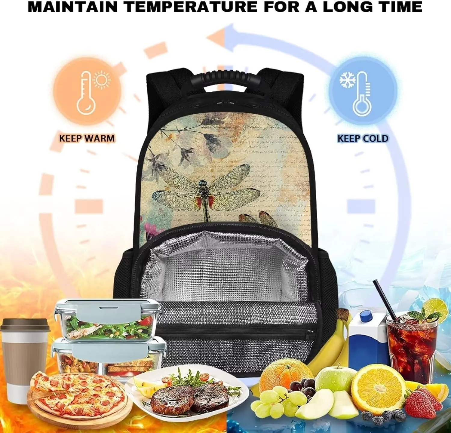 Gomyblomy Womens Backpack for Travel Hiking Camping Picnic Dragonfly Print Backpack Cooler Pink Flower Pattern Insulated Picnic Rucksack, 17 Inch Large Laptop Backpacks