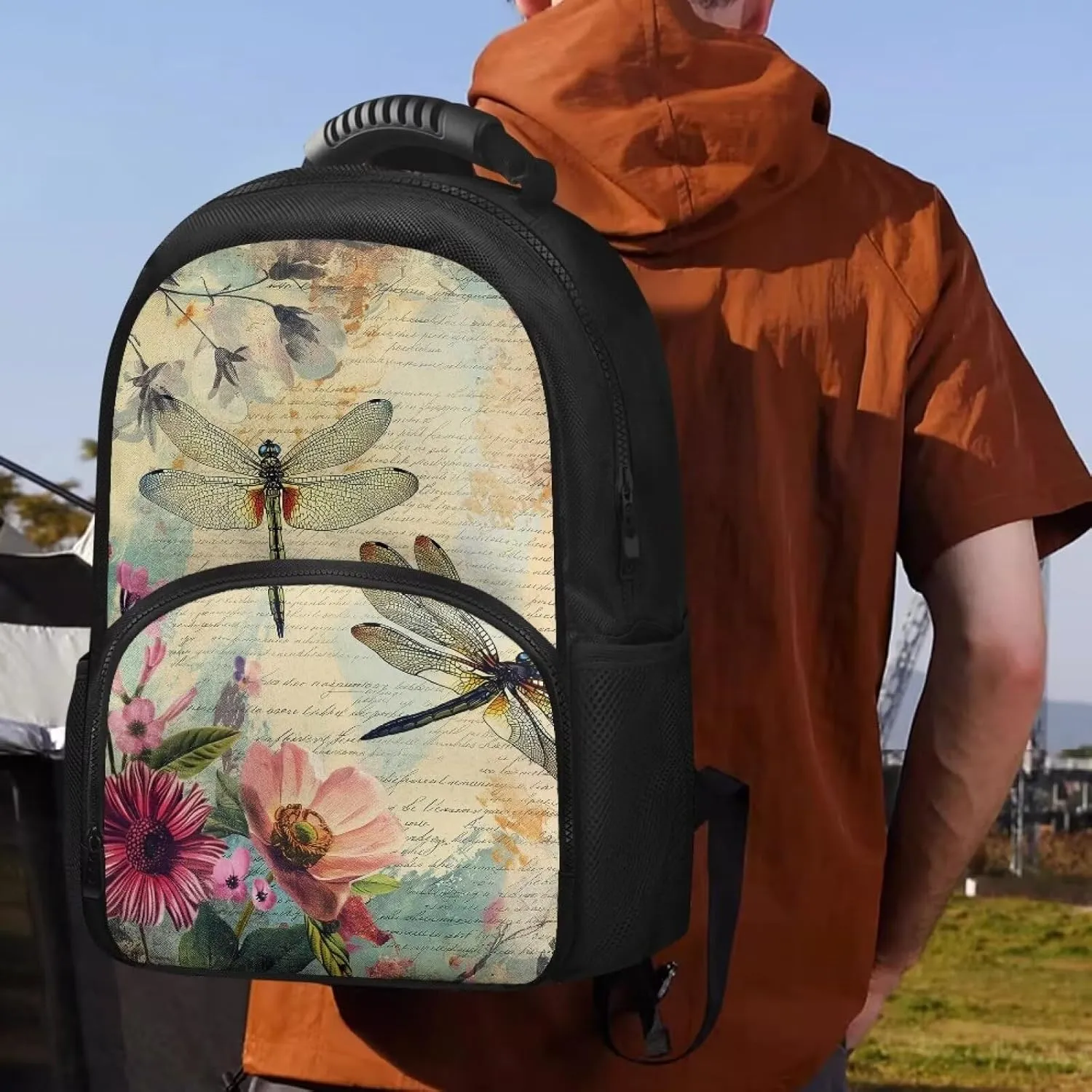 Gomyblomy Womens Backpack for Travel Hiking Camping Picnic Dragonfly Print Backpack Cooler Pink Flower Pattern Insulated Picnic Rucksack, 17 Inch Large Laptop Backpacks