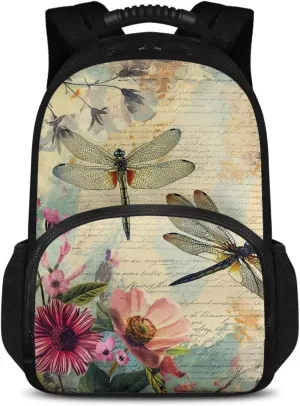 Gomyblomy Womens Backpack for Travel Hiking Camping Picnic Dragonfly Print Backpack Cooler Pink Flower Pattern Insulated Picnic Rucksack, 17 Inch Large Laptop Backpacks