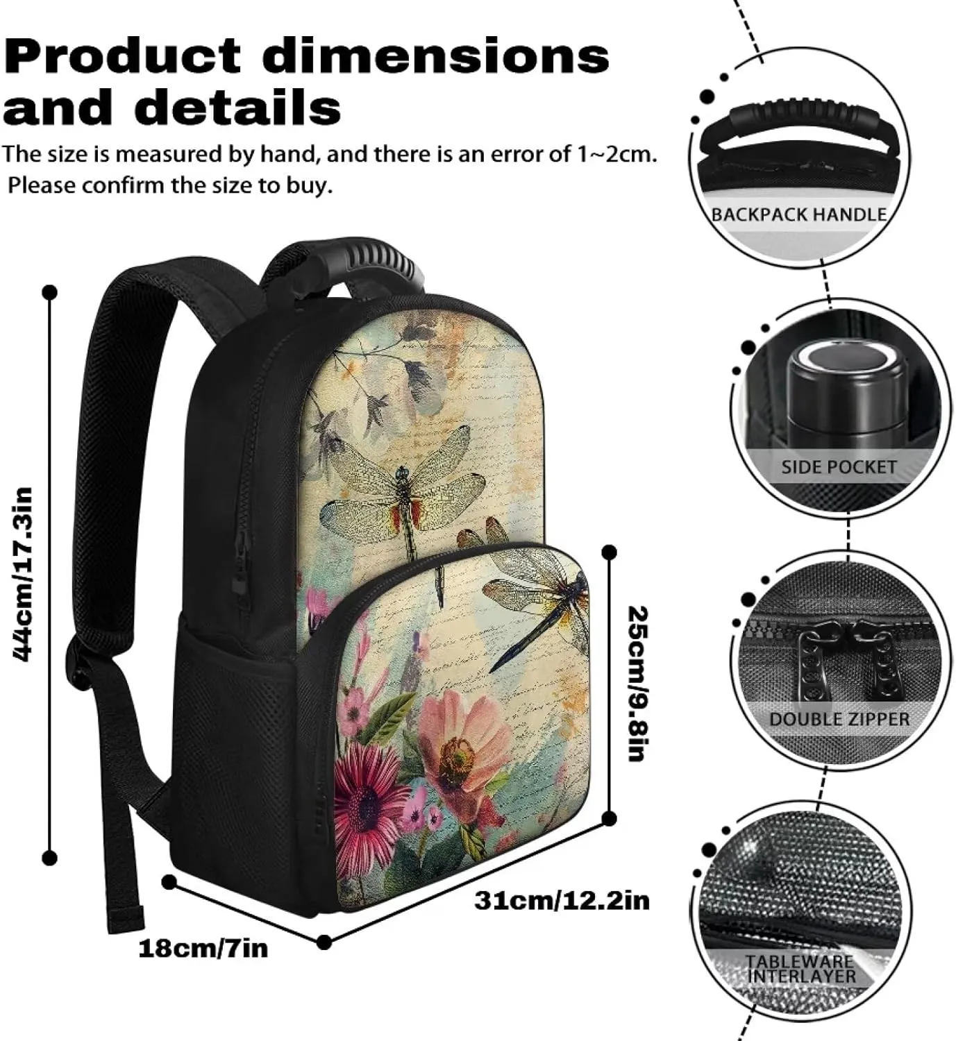Gomyblomy Womens Backpack for Travel Hiking Camping Picnic Dragonfly Print Backpack Cooler Pink Flower Pattern Insulated Picnic Rucksack, 17 Inch Large Laptop Backpacks