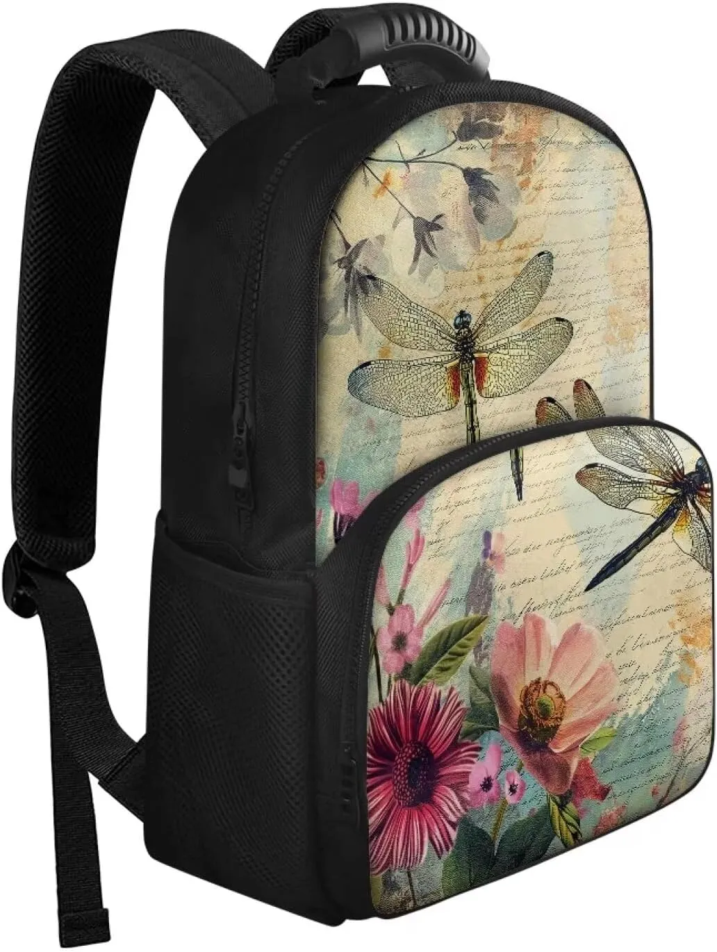 Gomyblomy Womens Backpack for Travel Hiking Camping Picnic Dragonfly Print Backpack Cooler Pink Flower Pattern Insulated Picnic Rucksack, 17 Inch Large Laptop Backpacks