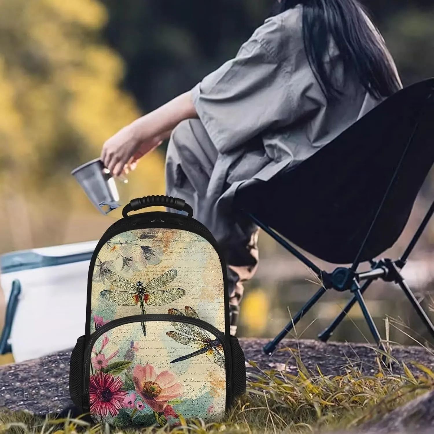 Gomyblomy Womens Backpack for Travel Hiking Camping Picnic Dragonfly Print Backpack Cooler Pink Flower Pattern Insulated Picnic Rucksack, 17 Inch Large Laptop Backpacks