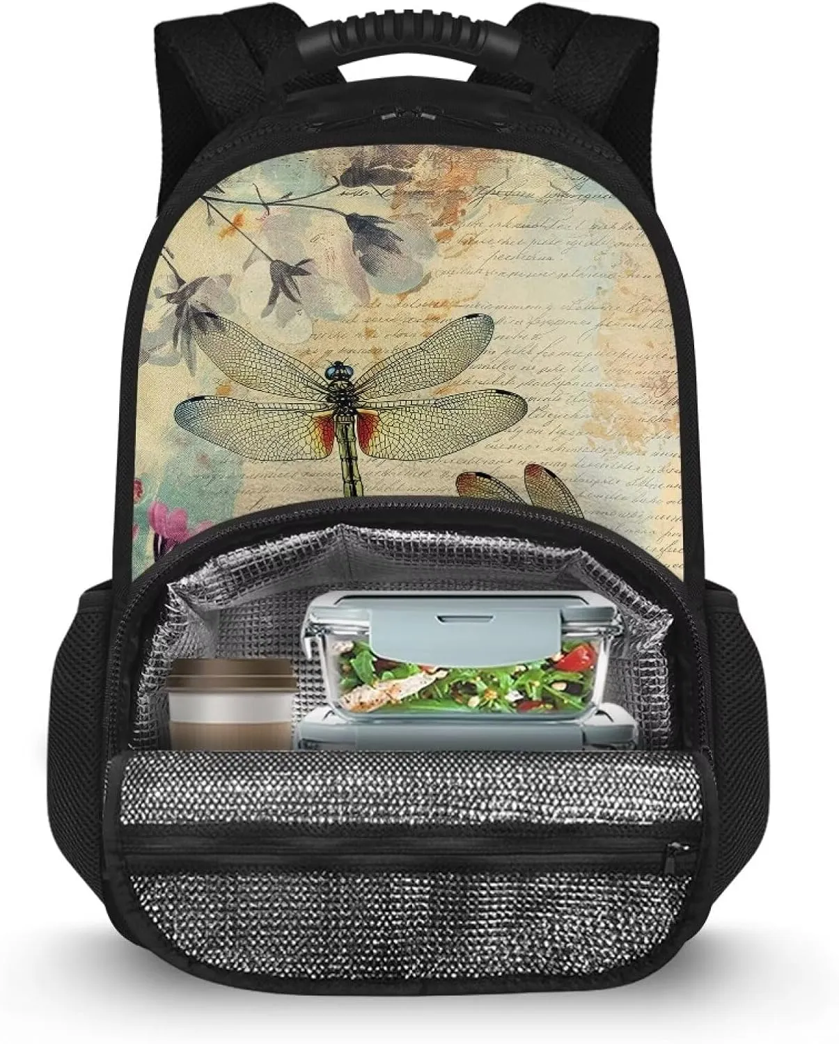 Gomyblomy Womens Backpack for Travel Hiking Camping Picnic Dragonfly Print Backpack Cooler Pink Flower Pattern Insulated Picnic Rucksack, 17 Inch Large Laptop Backpacks