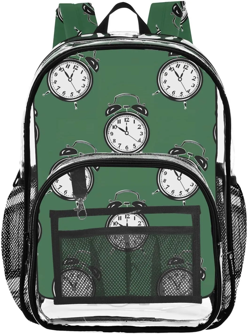 Green Alarm Clocks Pattern Clear Backpack for School Heavy Duty PVC Transparent Bookbag See Through Backpacks for Girls Boys School Stadium Events College