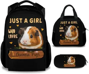 Guinea Pig Backpack with Lunch Box - Set of 3 School Backpacks Matching Combo for Girls - Funny Black Bookbag and Pencil Case Bundle