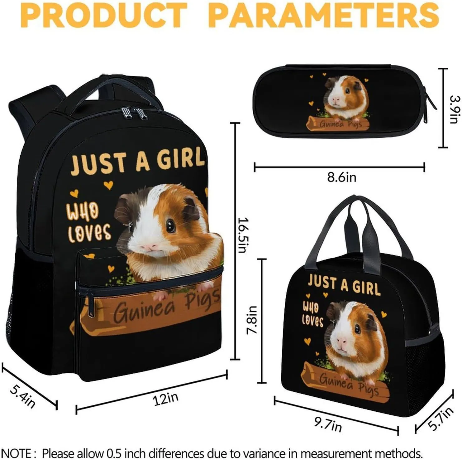 Guinea Pig Backpack with Lunch Box - Set of 3 School Backpacks Matching Combo for Girls - Funny Black Bookbag and Pencil Case Bundle