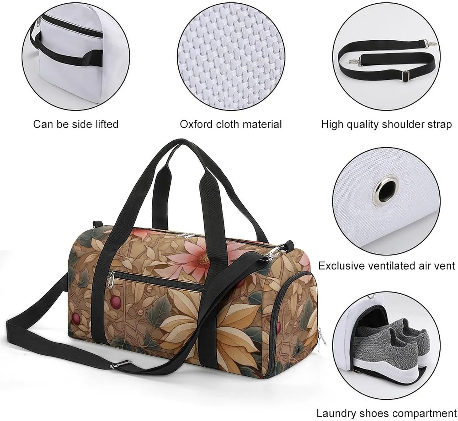Gym Bag Art Style Flowers Duffel Bag for Men Women Overnight Bag with Shoe Compartment Workout Bags