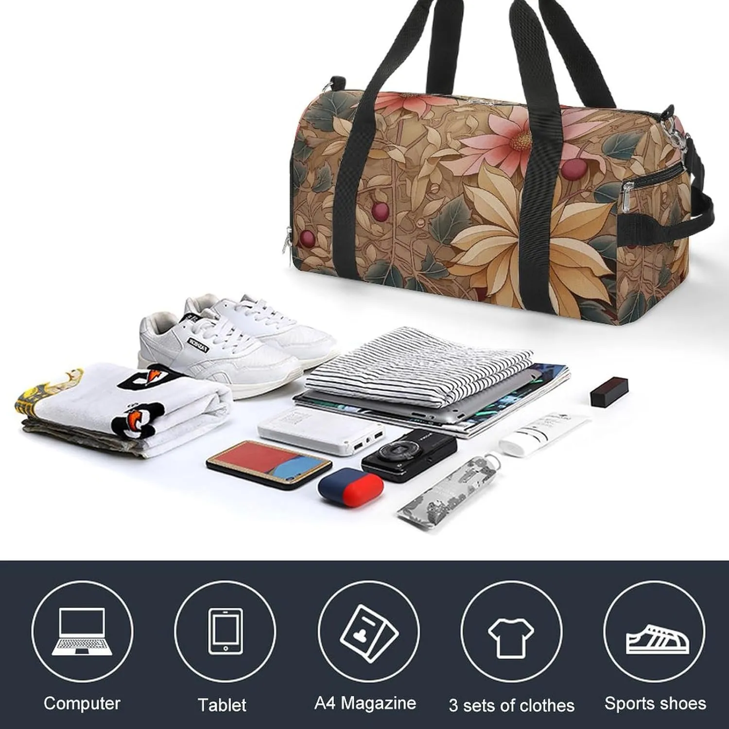 Gym Bag Art Style Flowers Duffel Bag for Men Women Overnight Bag with Shoe Compartment Workout Bags