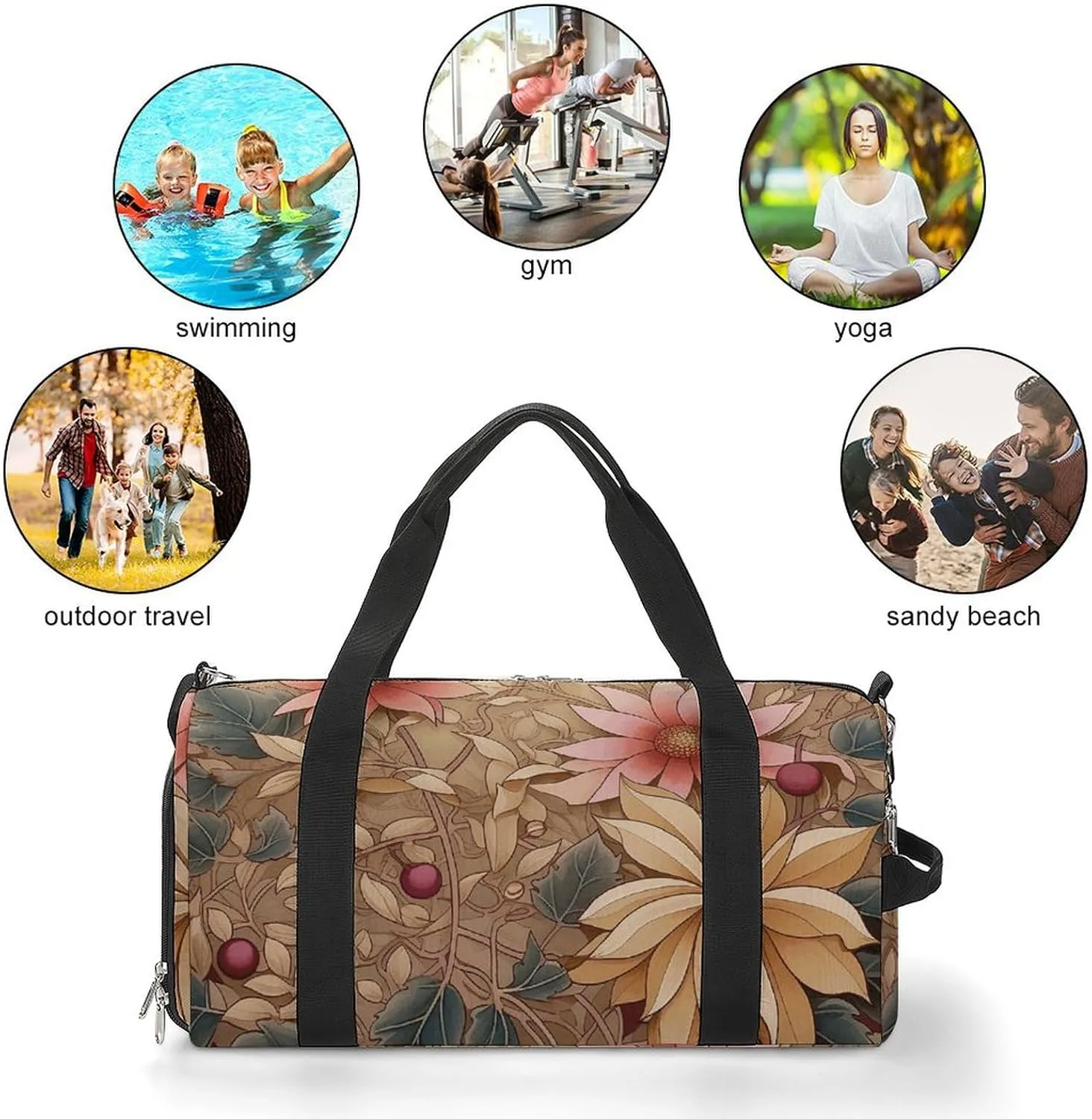 Gym Bag Art Style Flowers Duffel Bag for Men Women Overnight Bag with Shoe Compartment Workout Bags