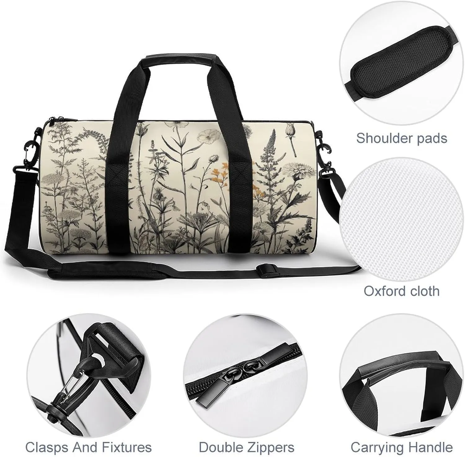 Gym Bag Floral Herbs Botanical Engraving Duffel Bag for Men Women Overnight Bag with Shoe Compartment Workout Bags