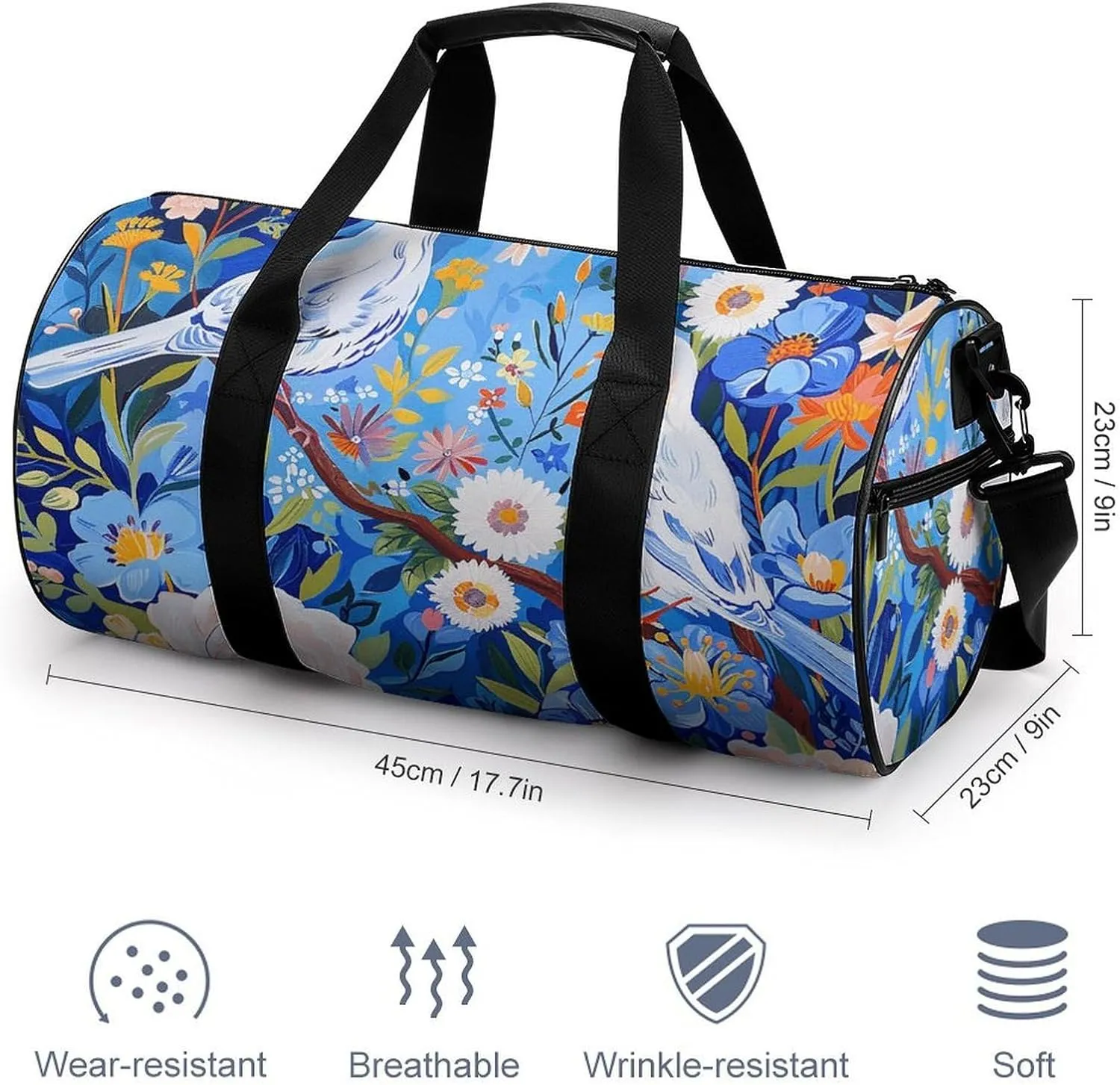 Gym Bag Flowers And White Birds Duffel Bag for Men Women Overnight Bag with Shoe Compartment Workout Bags