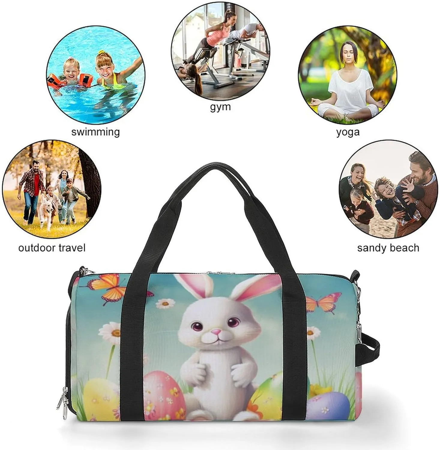 Gym Bags for Men Women Bunny with Eggs And Butterfly Duffle Bag Travel Overnight Bag with Shoe Compartment Tote Bags