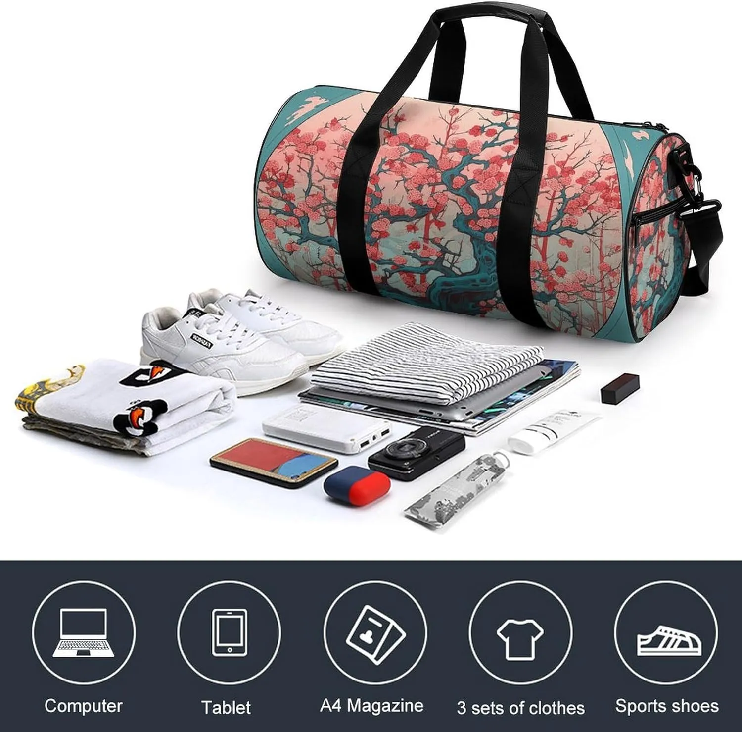 Gym Bags for Men Women Cherry Tree Pattern Duffle Bag Travel Overnight Bag with Shoe Compartment Tote Bags