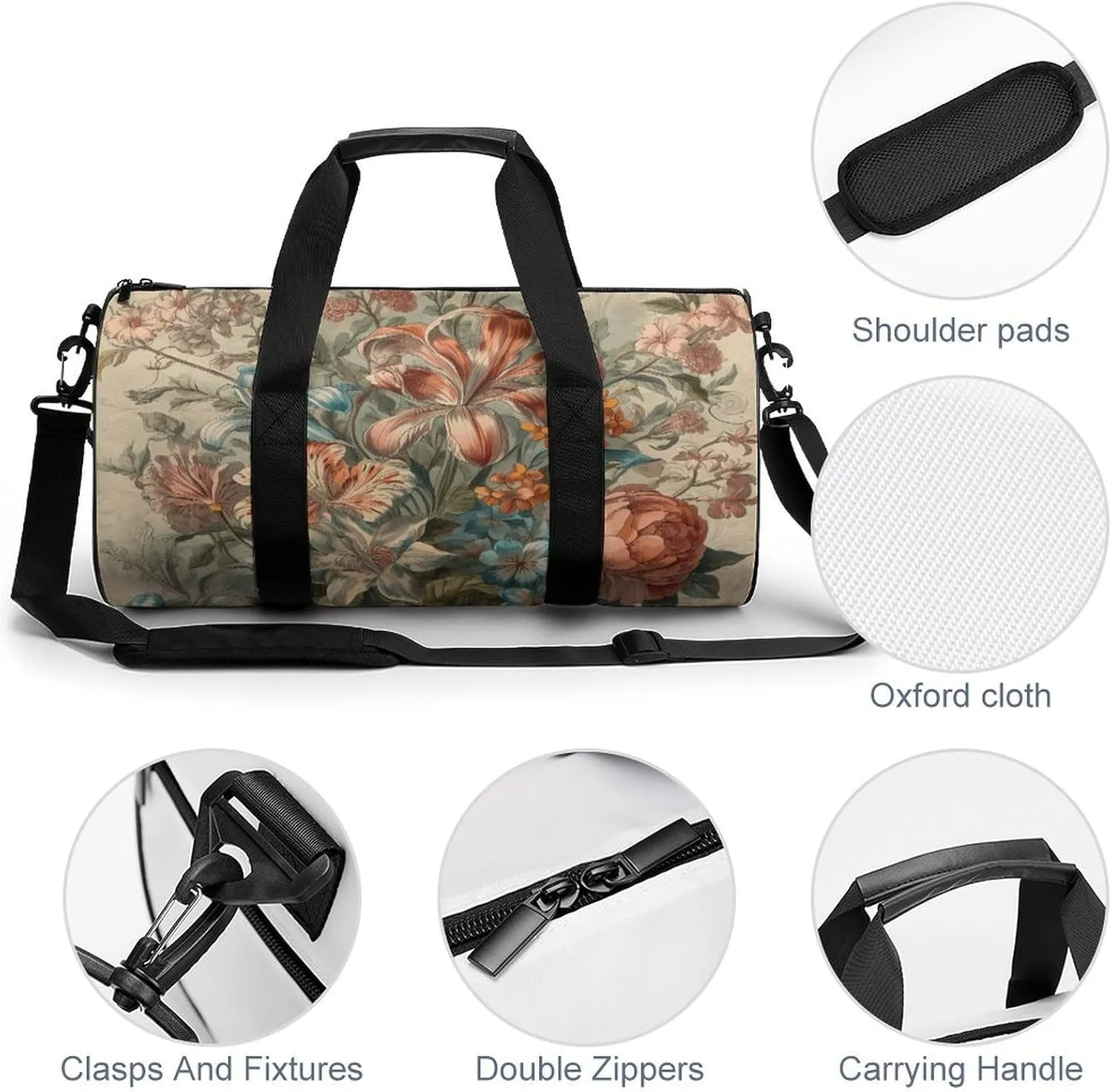 Gym Bags for Men Women Decorative Flowers Duffle Bag Travel Overnight Bag with Shoe Compartment Tote Bags